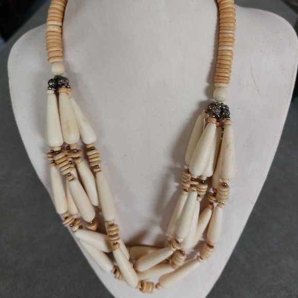 FASHION JEWELRY Women's Oblong/Round 4 Strands Wood Beads Necklace - Ivory/Tan - Picture 2 of 9